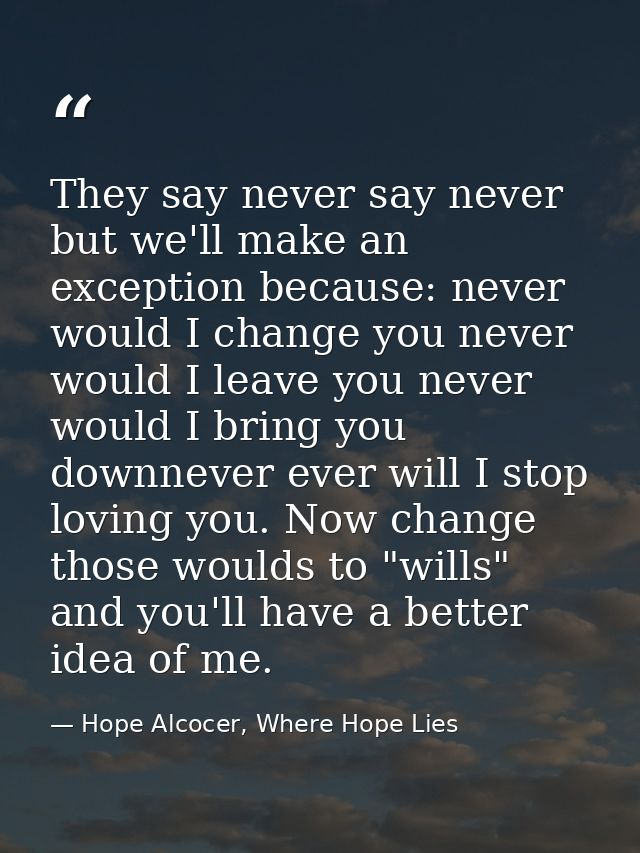 They say never say never but we'll make an exception because: never would I change you never would I leave you never wou — Hope Alcocer, Where Hope Lies
