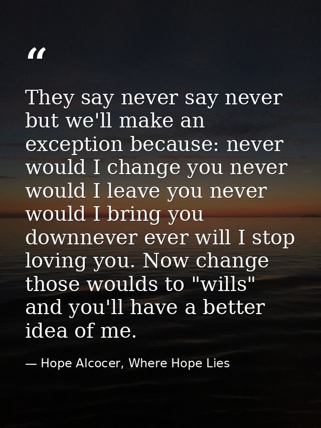 They say never say never but we'll make an exception because: never would I change you never would I leave you never wou — Hope Alcocer, Where Hope Lies