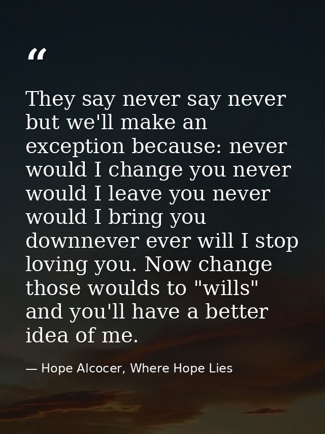 They say never say never but we'll make an exception because: never would I change you never would I leave you never wou — Hope Alcocer, Where Hope Lies