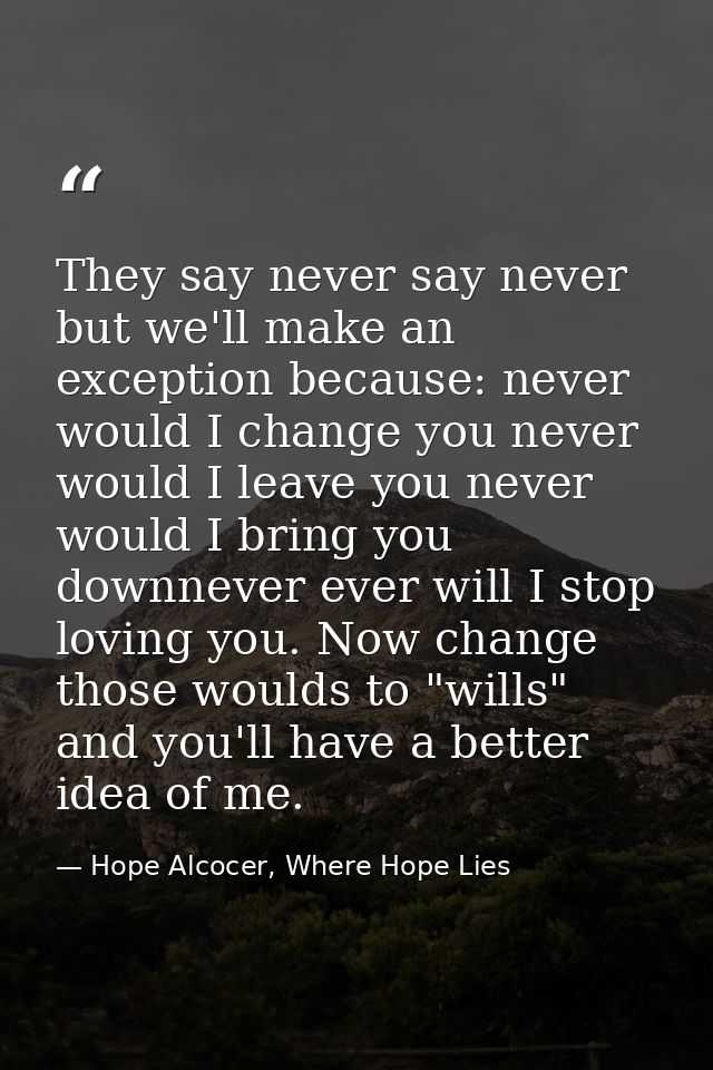 They say never say never but we'll make an exception because: never would I change you never would I leave you never wou — Hope Alcocer, Where Hope Lies