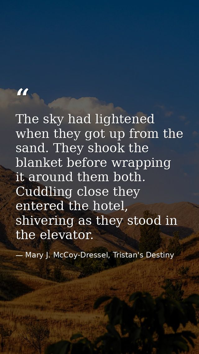 The sky had lightened when they got up from the sand. They shook the blanket before wrapping it around them both. Cuddli — Mary J. McCoy-Dressel, Tristan's Destiny