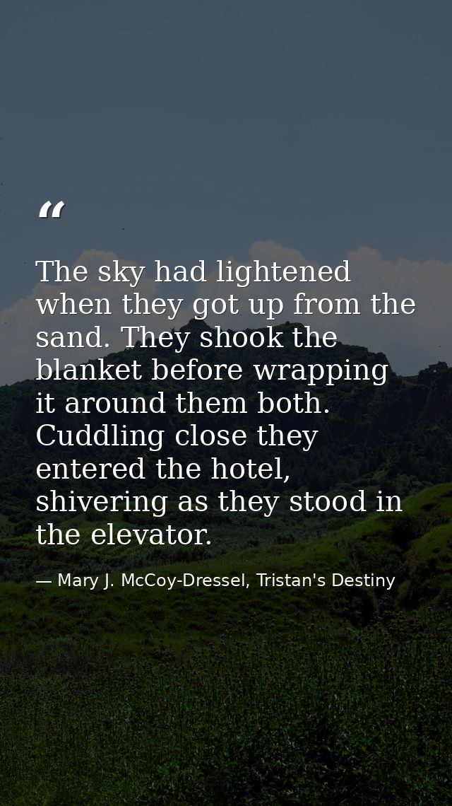 The sky had lightened when they got up from the sand. They shook the blanket before wrapping it around them both. Cuddli — Mary J. McCoy-Dressel, Tristan's Destiny