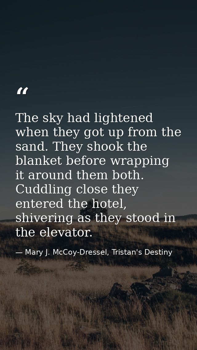 The sky had lightened when they got up from the sand. They shook the blanket before wrapping it around them both. Cuddli — Mary J. McCoy-Dressel, Tristan's Destiny