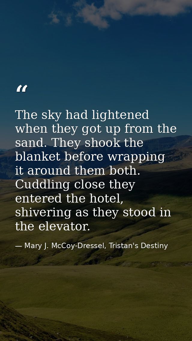 The sky had lightened when they got up from the sand. They shook the blanket before wrapping it around them both. Cuddli — Mary J. McCoy-Dressel, Tristan's Destiny