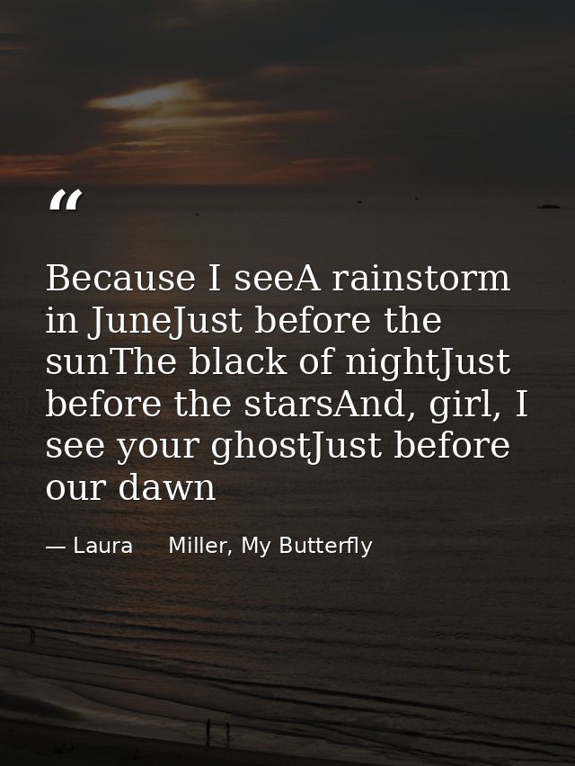 Because I seeA rainstorm in JuneJust before the sunThe black of nightJust before the starsAnd, girl, I see your ghostJus — Laura     Miller, My Butterfly