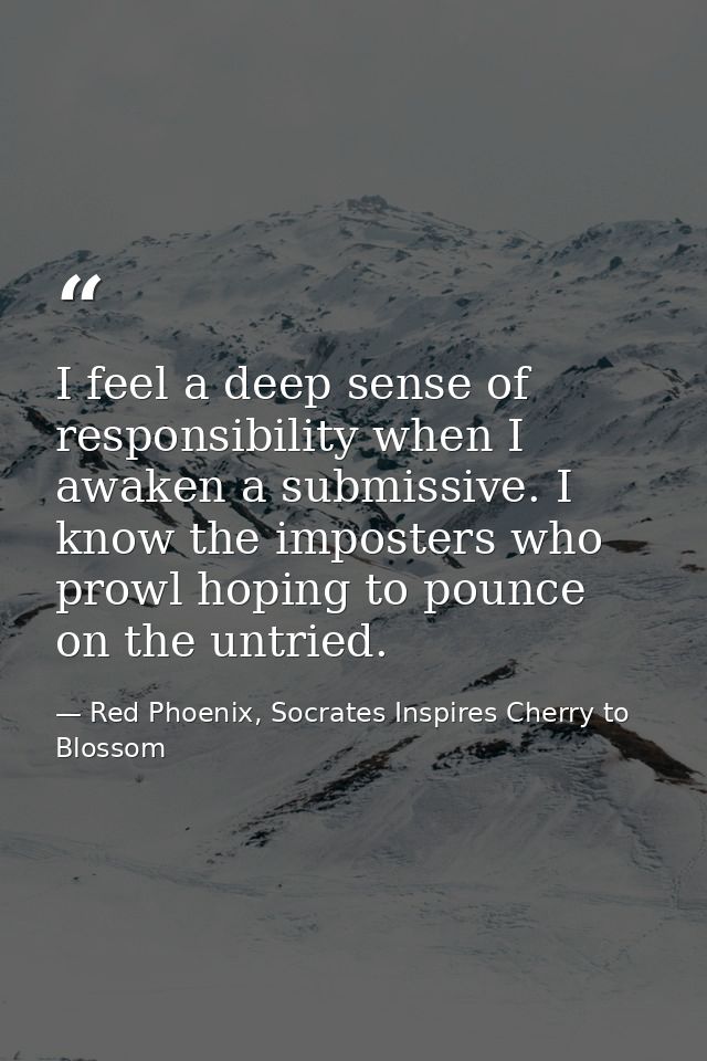 I feel a deep sense of responsibility when I awaken a submissive. I know the imposters who prowl hoping to pounce on the — Red Phoenix, Socrates Inspires Cherry to Blossom