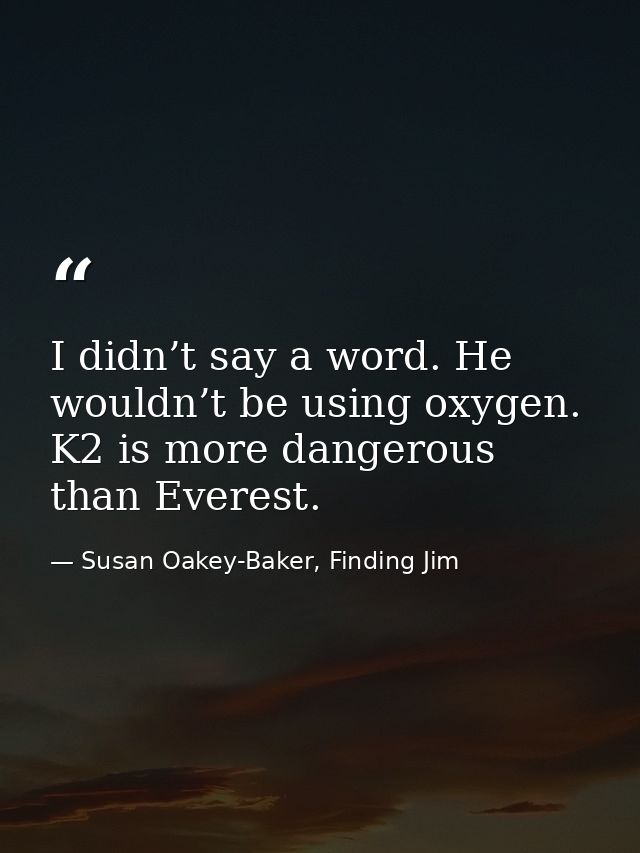 I didn’t say a word. He wouldn’t be using oxygen. K2 is more dangerous than Everest. — Susan Oakey-Baker, Finding Jim