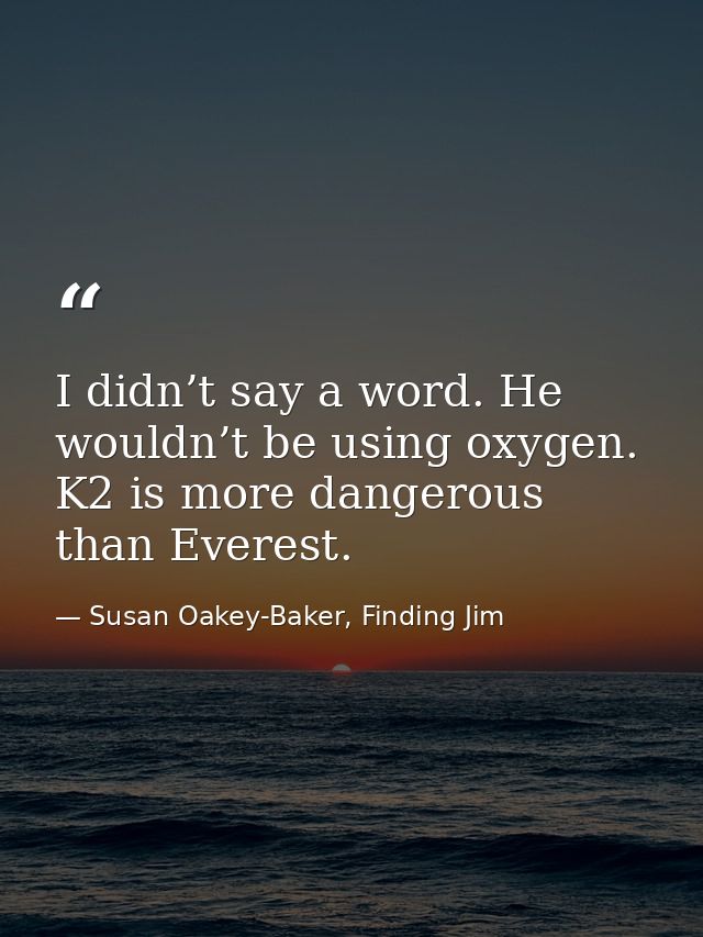 I didn’t say a word. He wouldn’t be using oxygen. K2 is more dangerous than Everest. — Susan Oakey-Baker, Finding Jim