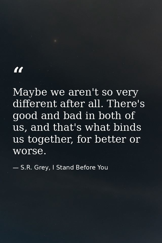 Maybe we aren't so very different after all. There's good and bad in both of us, and that's what binds us together, for  — S.R. Grey, I Stand Before You