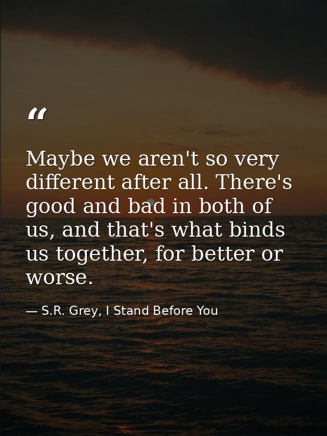 Maybe we aren't so very different after all. There's good and bad in both of us, and that's what binds us together, for  — S.R. Grey, I Stand Before You