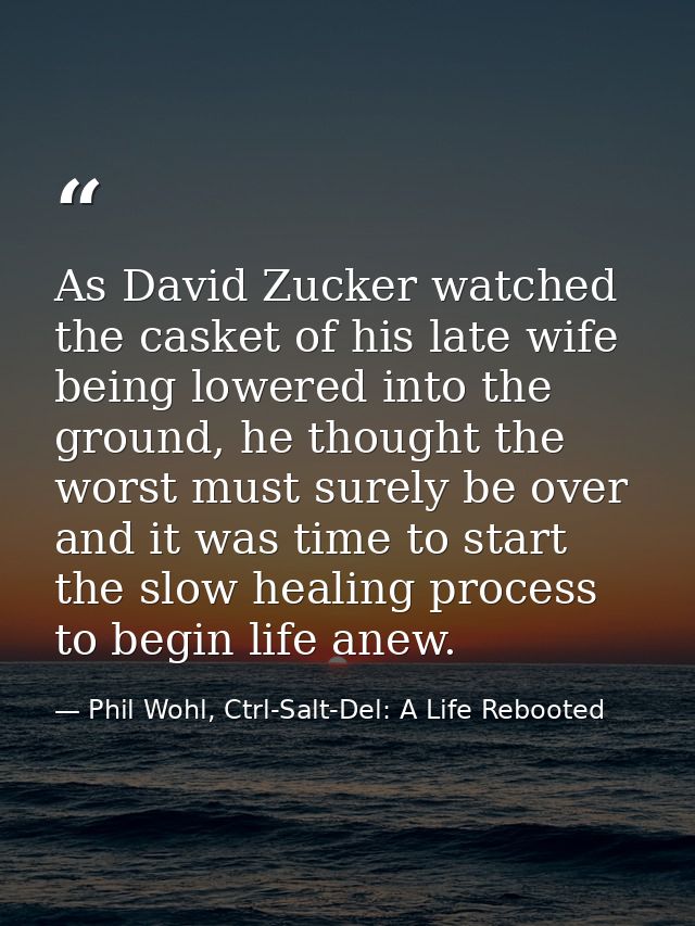 As David Zucker watched the casket of his late wife being lowered into the ground, he thought the worst must surely be o — Phil Wohl, Ctrl-Salt-Del: A Life Rebooted