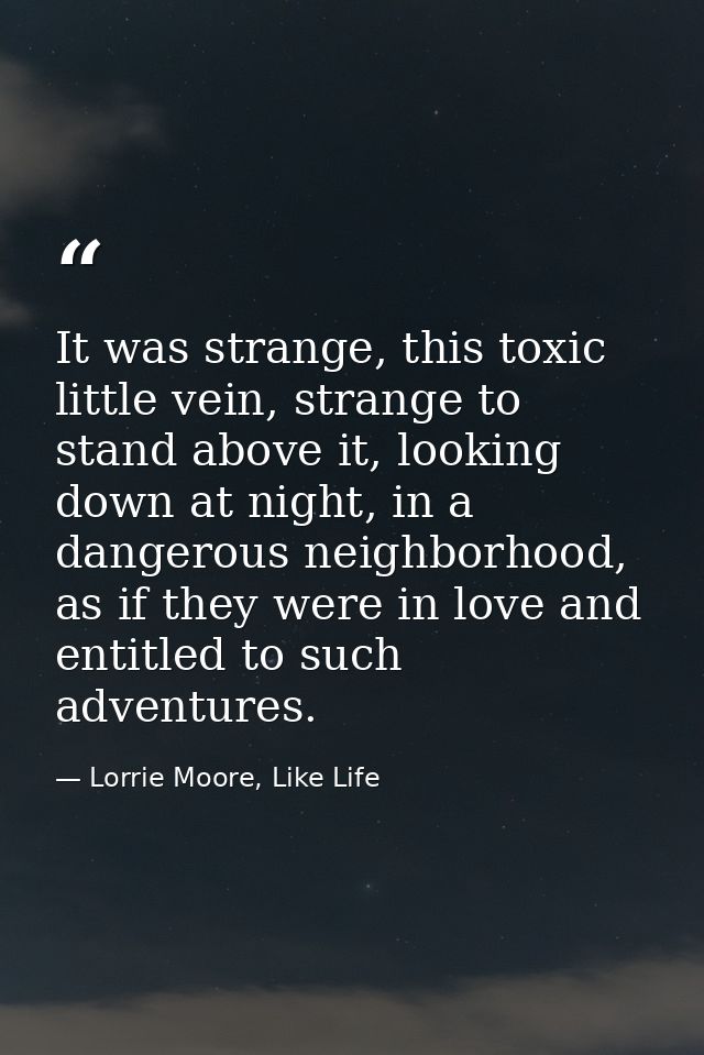 It was strange, this toxic little vein, strange to stand above it, looking down at night, in a dangerous neighborhood, a — Lorrie Moore, Like Life