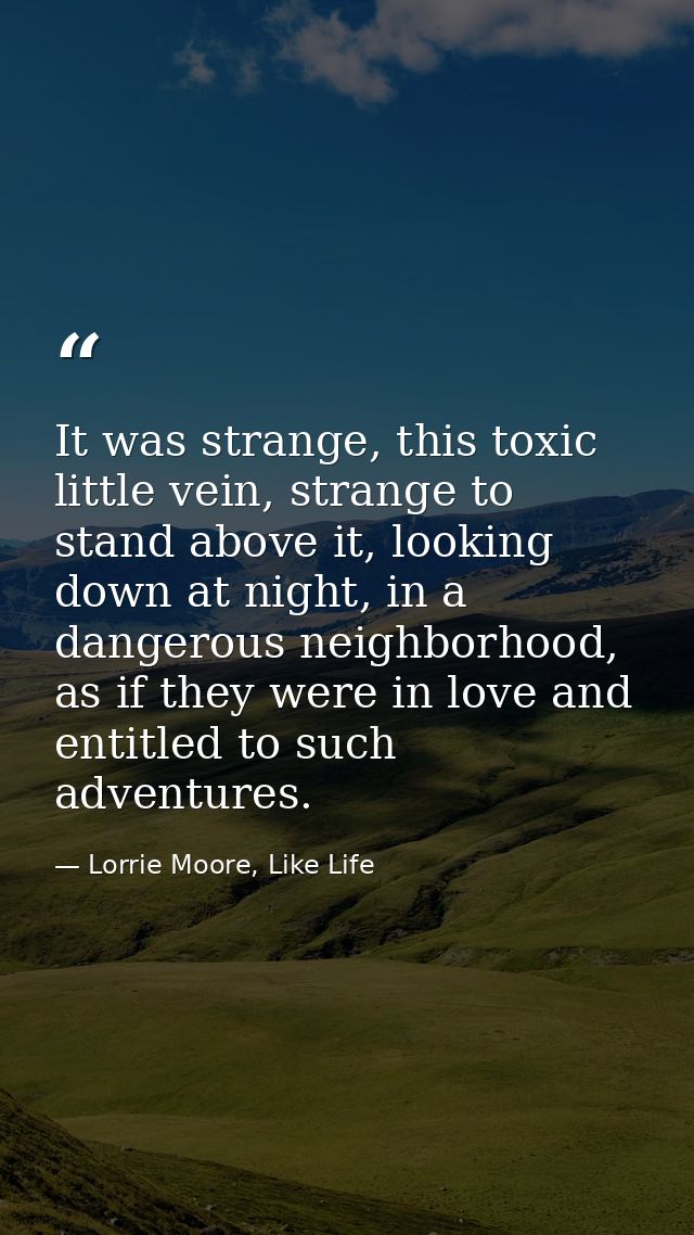 It was strange, this toxic little vein, strange to stand above it, looking down at night, in a dangerous neighborhood, a — Lorrie Moore, Like Life