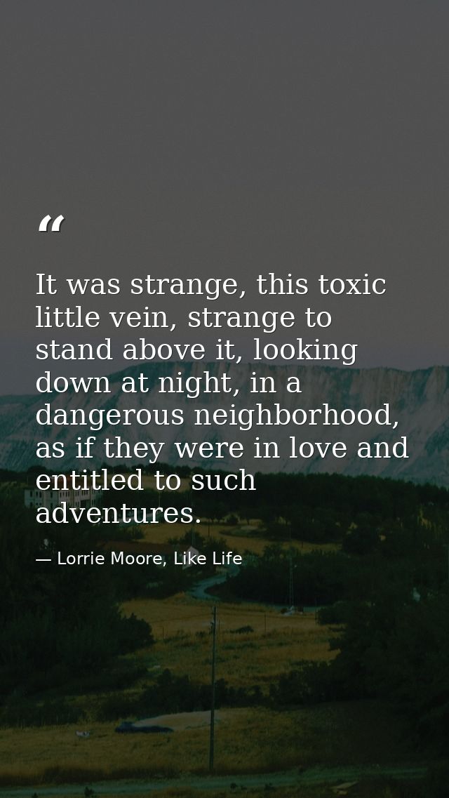 It was strange, this toxic little vein, strange to stand above it, looking down at night, in a dangerous neighborhood, a — Lorrie Moore, Like Life