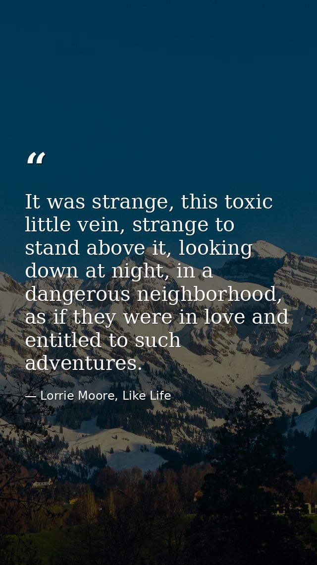 It was strange, this toxic little vein, strange to stand above it, looking down at night, in a dangerous neighborhood, a — Lorrie Moore, Like Life