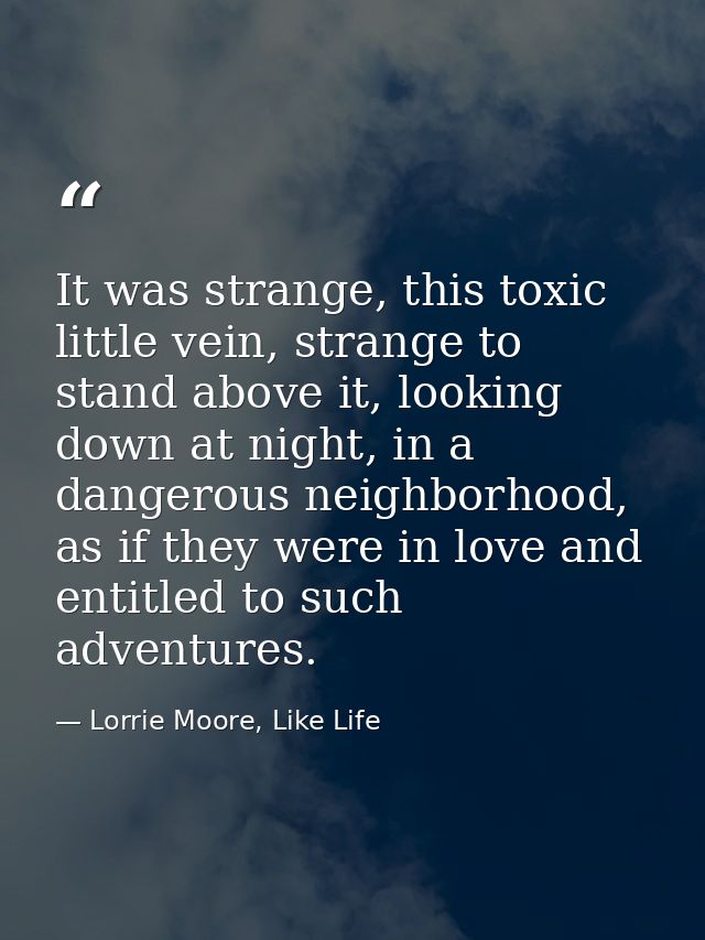 It was strange, this toxic little vein, strange to stand above it, looking down at night, in a dangerous neighborhood, a — Lorrie Moore, Like Life