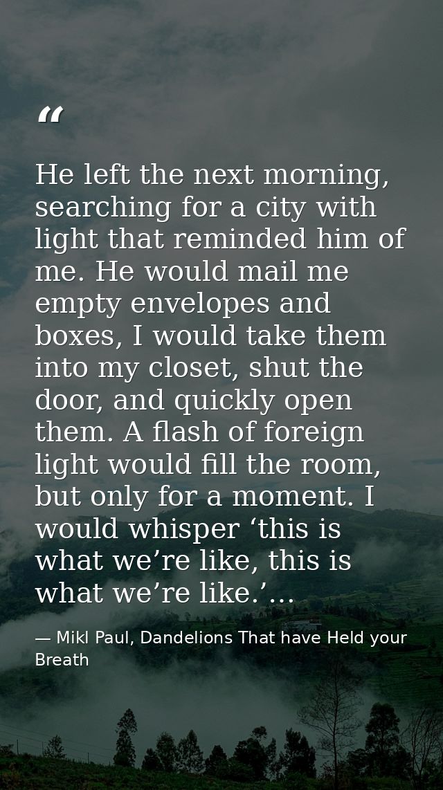 He left the next morning, searching for a city with light that reminded him of me. He would mail me empty envelopes and  — Mikl Paul, Dandelions That have Held your Breath