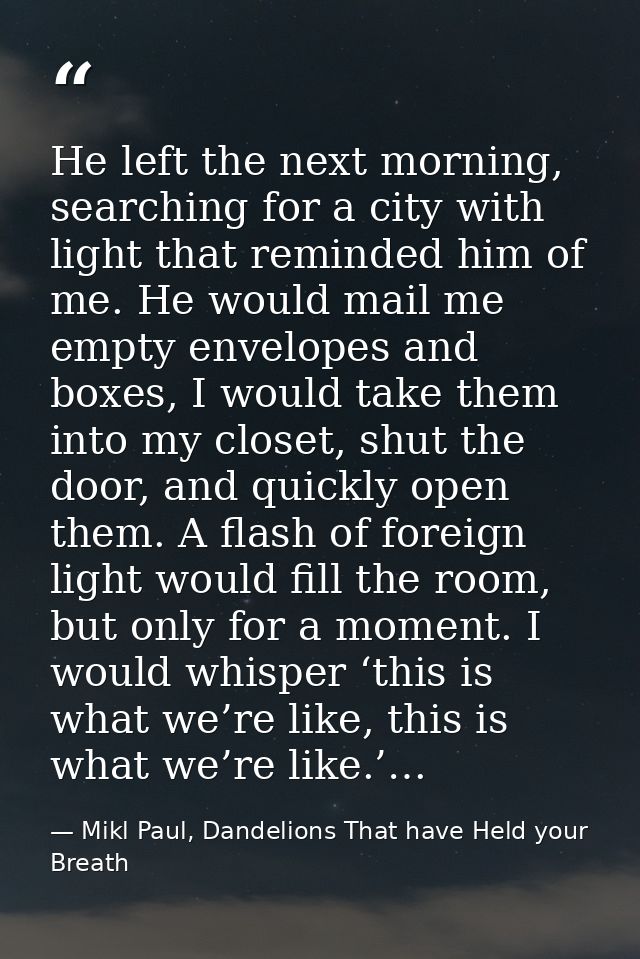 He left the next morning, searching for a city with light that reminded him of me. He would mail me empty envelopes and  — Mikl Paul, Dandelions That have Held your Breath