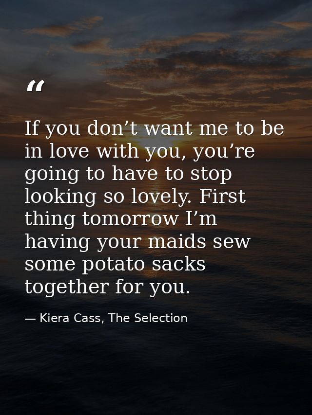 If you don’t want me to be in love with you, you’re going to have to stop looking so lovely. First thing tomorrow I’m ha — Kiera Cass, The Selection