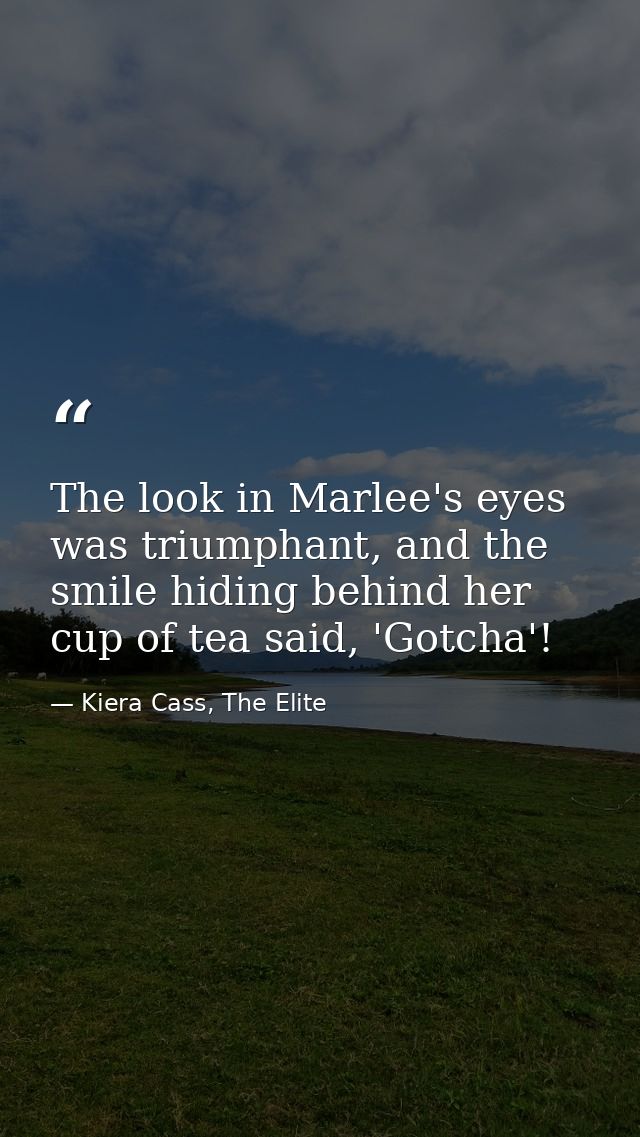 The look in Marlee's eyes was triumphant, and the smile hiding behind her cup of tea said, 'Gotcha'! — Kiera Cass, The Elite