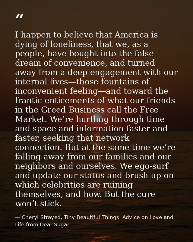 I happen to believe that America is dying of loneliness, that we, as a people, have bought into the false dream of conve — Cheryl Strayed, Tiny Beautiful Things: Advice on Love and Life from Dear Sugar