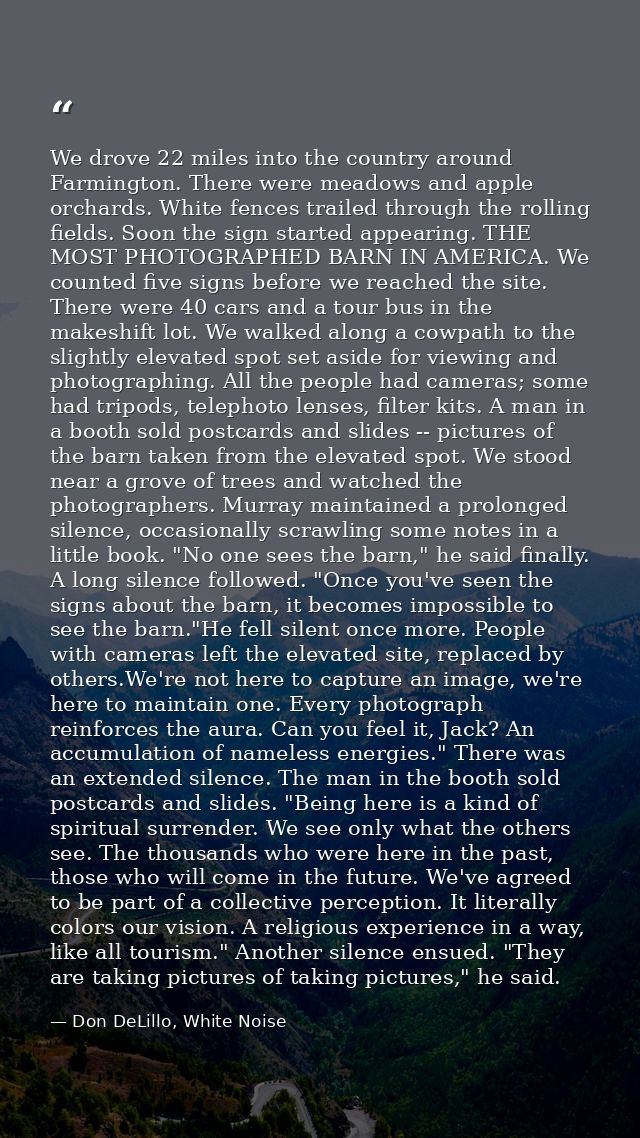 We drove 22 miles into the country around Farmington. There were meadows and apple orchards. White fences trailed throug — Don DeLillo, White Noise