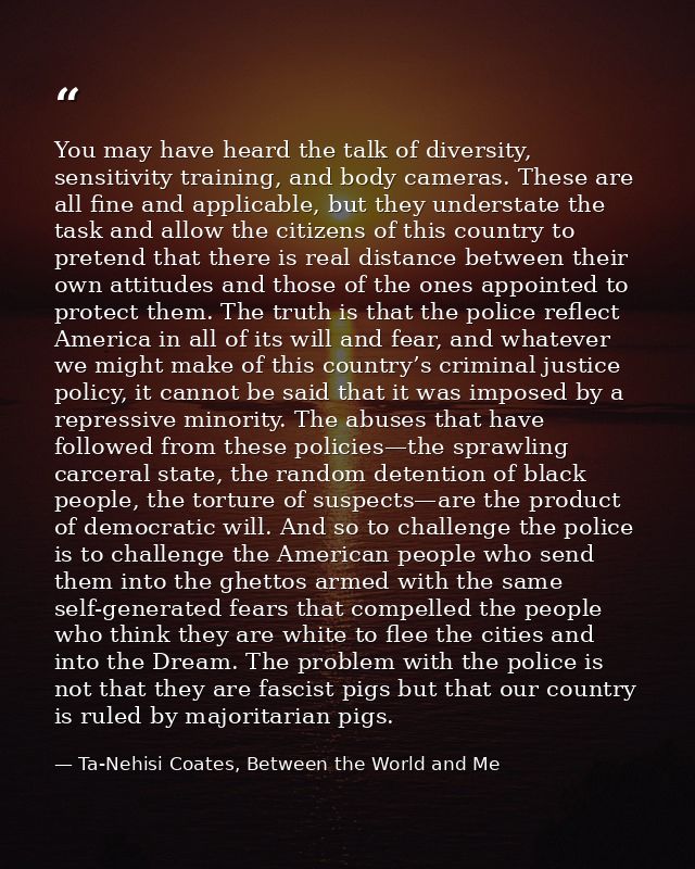 You may have heard the talk of diversity, sensitivity training, and body cameras. These are all fine and applicable, but — Ta-Nehisi Coates, Between the World and Me