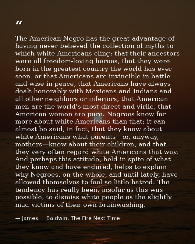 The American Negro has the great advantage of having never believed the collection of myths to which white Americans cli — James     Baldwin, The Fire Next Time