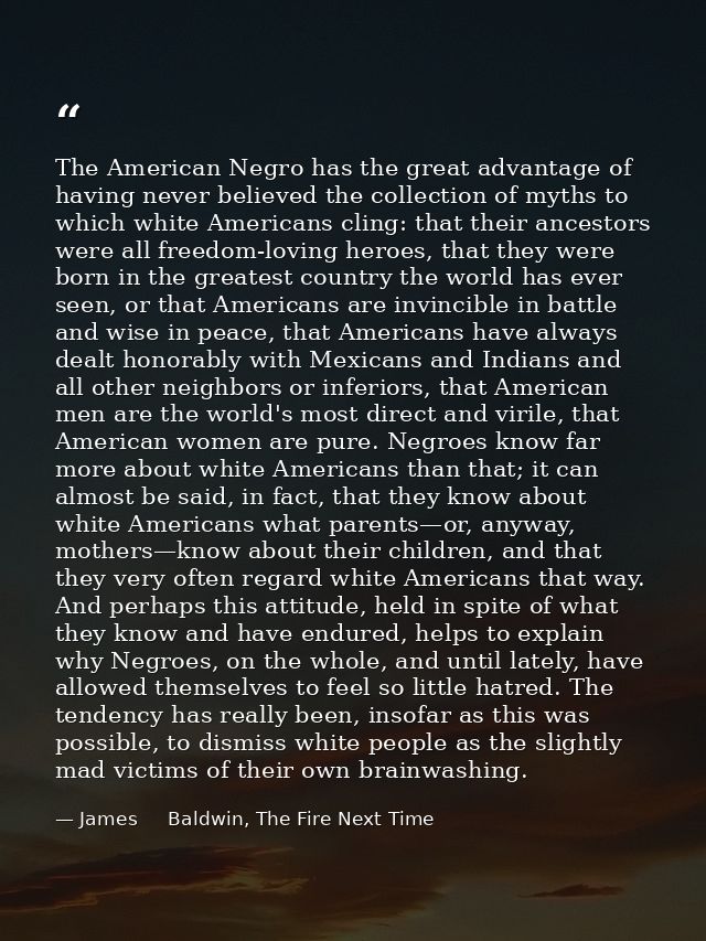 The American Negro has the great advantage of having never believed the collection of myths to which white Americans cli — James     Baldwin, The Fire Next Time