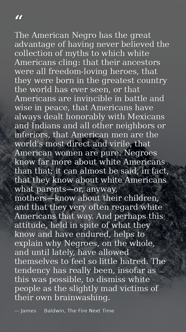 The American Negro has the great advantage of having never believed the collection of myths to which white Americans cli — James     Baldwin, The Fire Next Time