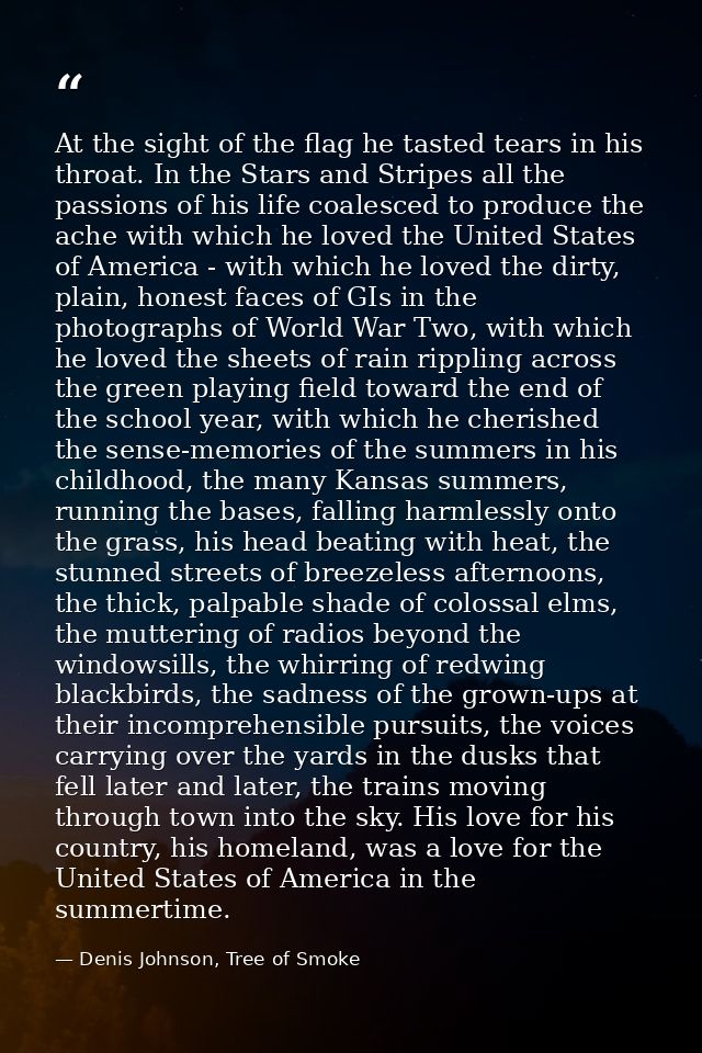 At the sight of the flag he tasted tears in his throat. In the Stars and Stripes all the passions of his life coalesced  — Denis Johnson, Tree of Smoke