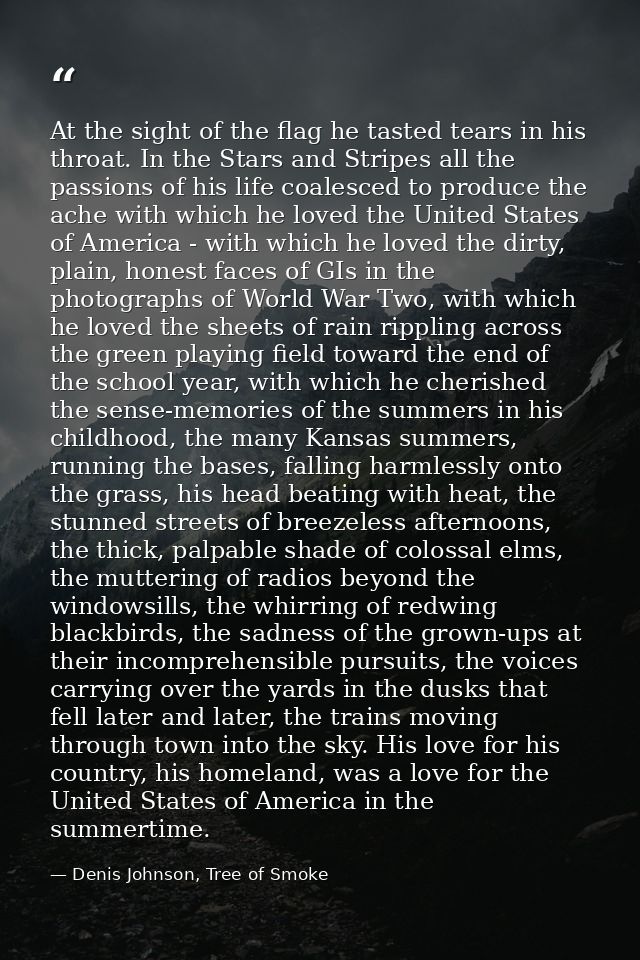 At the sight of the flag he tasted tears in his throat. In the Stars and Stripes all the passions of his life coalesced  — Denis Johnson, Tree of Smoke
