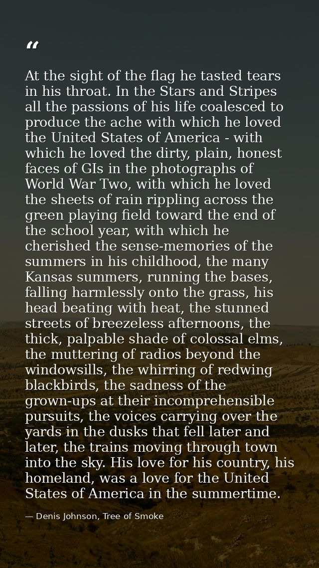 At the sight of the flag he tasted tears in his throat. In the Stars and Stripes all the passions of his life coalesced  — Denis Johnson, Tree of Smoke
