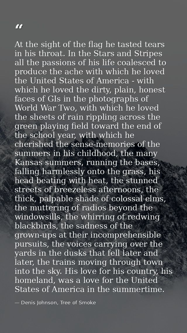 At the sight of the flag he tasted tears in his throat. In the Stars and Stripes all the passions of his life coalesced  — Denis Johnson, Tree of Smoke