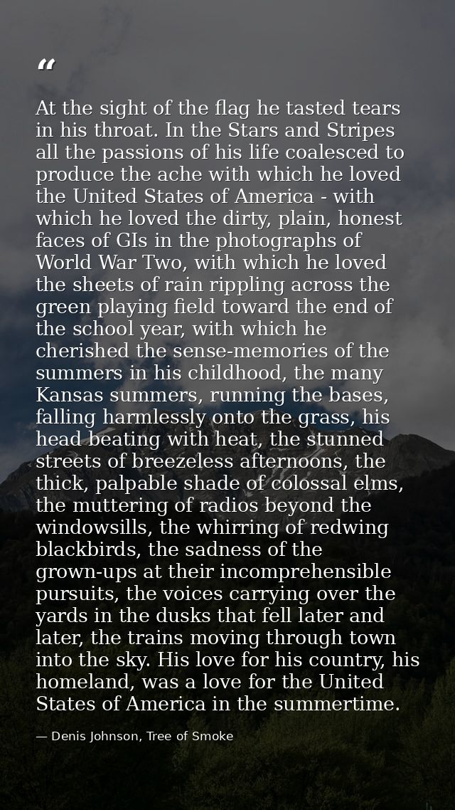At the sight of the flag he tasted tears in his throat. In the Stars and Stripes all the passions of his life coalesced  — Denis Johnson, Tree of Smoke
