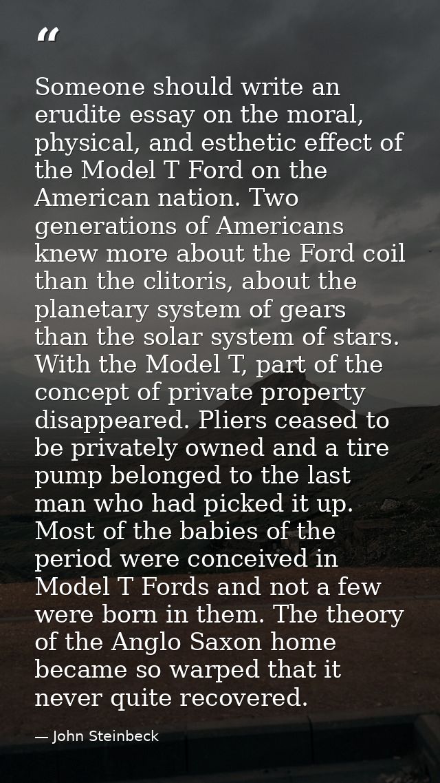 Someone should write an erudite essay on the moral, physical, and esthetic effect of the Model T Ford on the American na — John Steinbeck