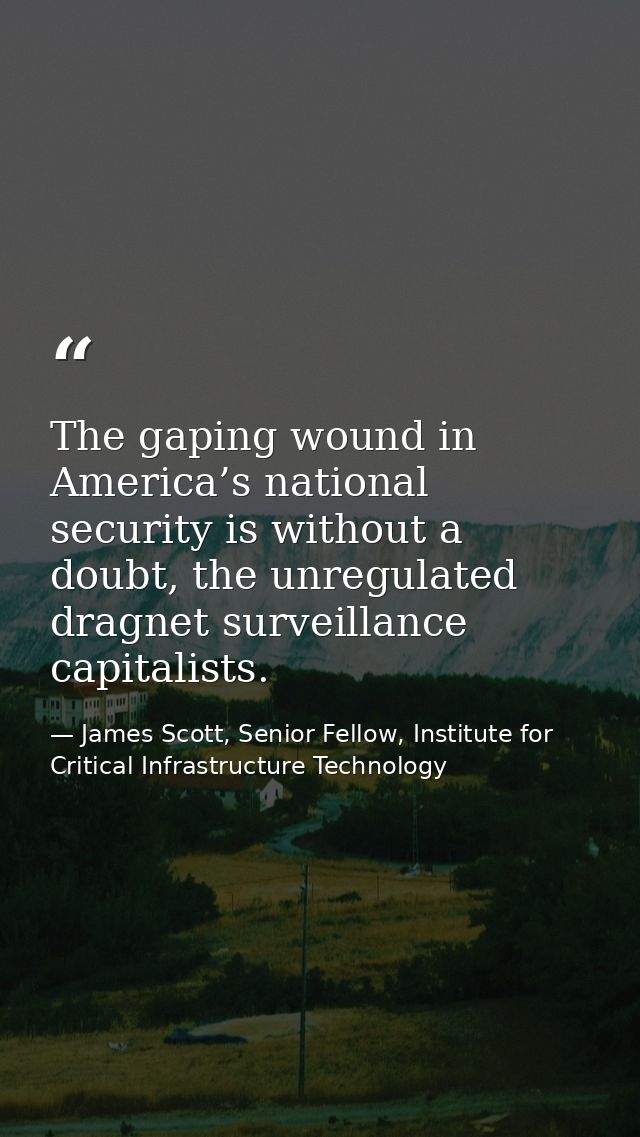 The gaping wound in America’s national security is without a doubt, the unregulated dragnet surveillance capitalists. — James Scott, Senior Fellow, Institute for Critical Infrastructure Technology