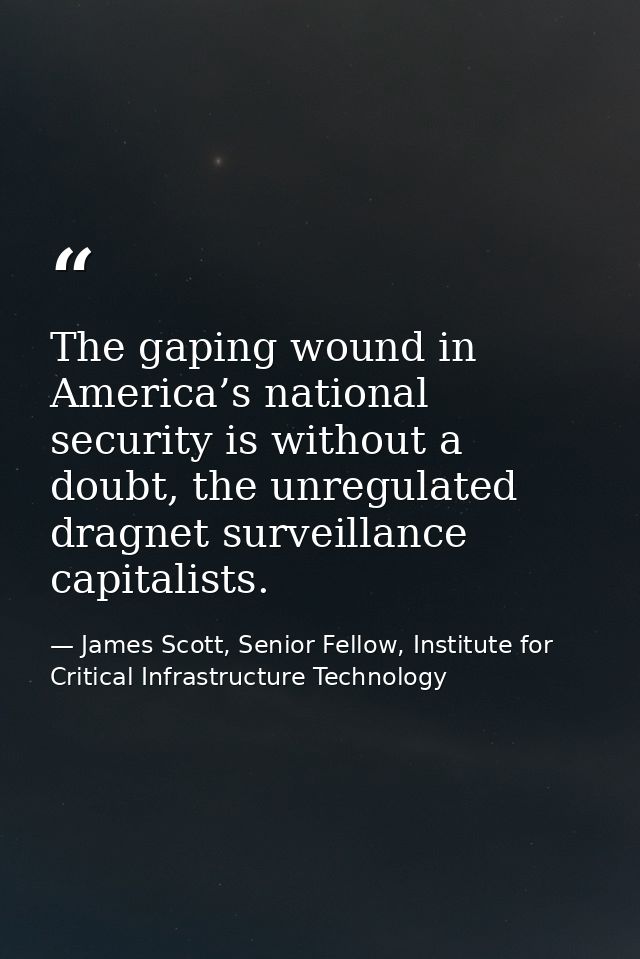 The gaping wound in America’s national security is without a doubt, the unregulated dragnet surveillance capitalists. — James Scott, Senior Fellow, Institute for Critical Infrastructure Technology