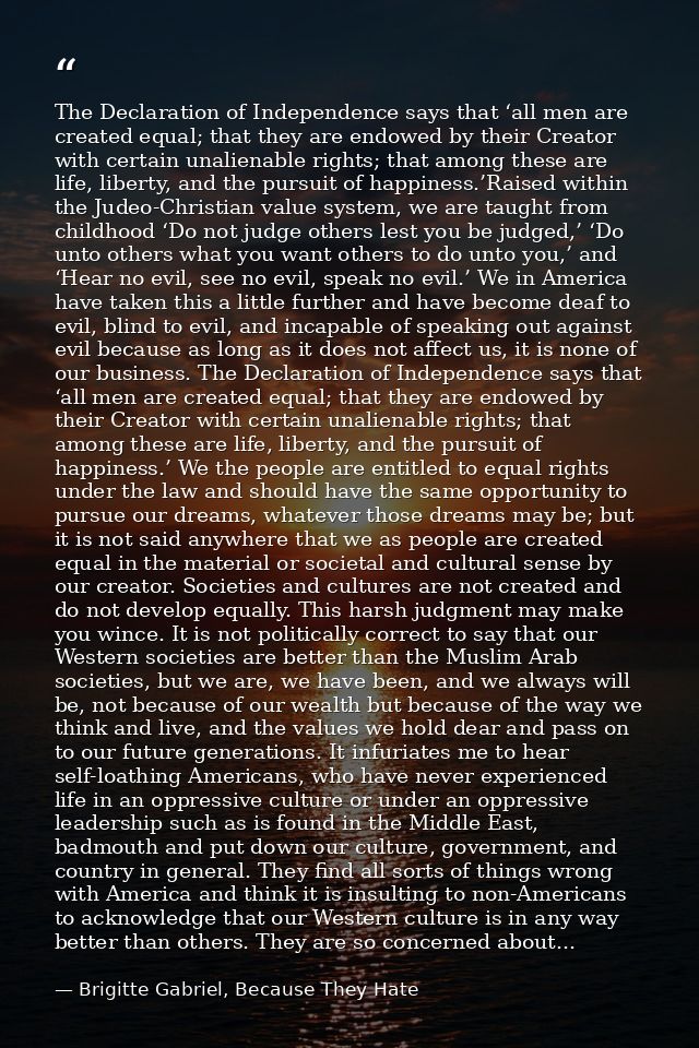 The Declaration of Independence says that ‘all men are created equal; that they are endowed by their Creator with certai — Brigitte Gabriel, Because They Hate