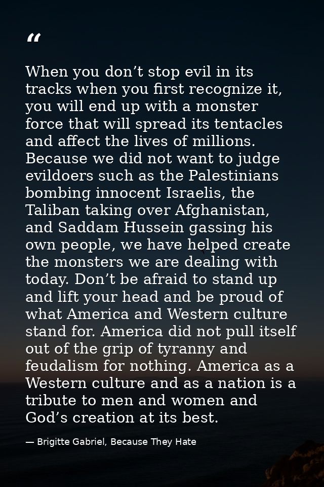 When you don’t stop evil in its tracks when you first recognize it, you will end up with a monster force that will sprea — Brigitte Gabriel, Because They Hate