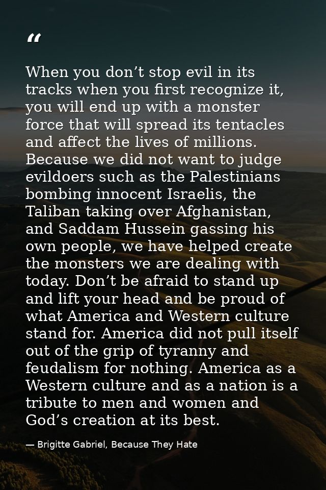 When you don’t stop evil in its tracks when you first recognize it, you will end up with a monster force that will sprea — Brigitte Gabriel, Because They Hate