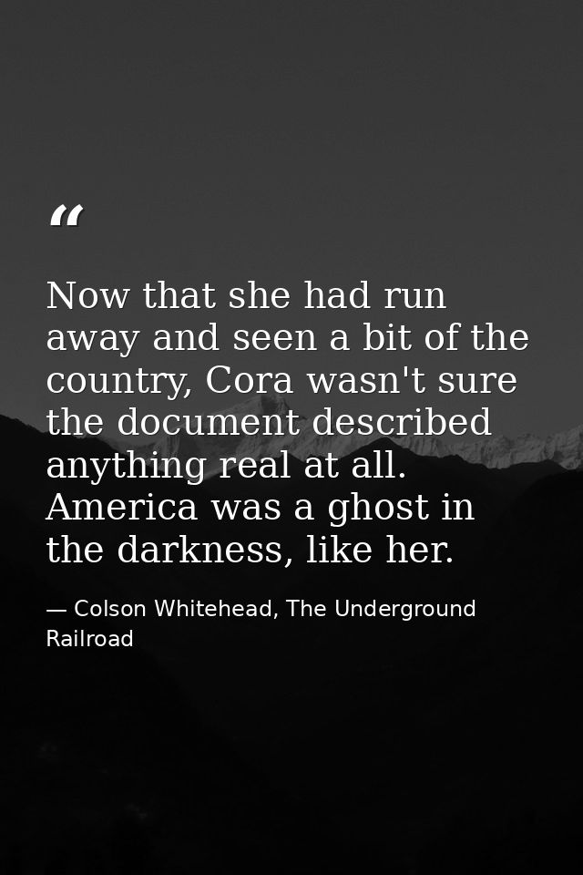 Now that she had run away and seen a bit of the country, Cora wasn't sure the document described anything real at all. A — Colson Whitehead, The Underground Railroad