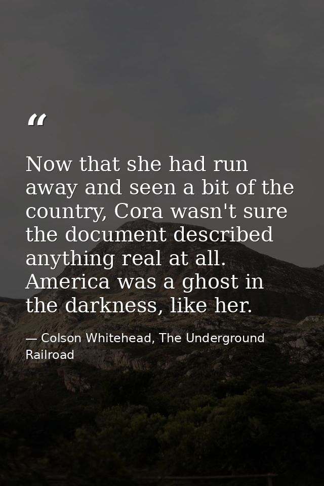 Now that she had run away and seen a bit of the country, Cora wasn't sure the document described anything real at all. A — Colson Whitehead, The Underground Railroad