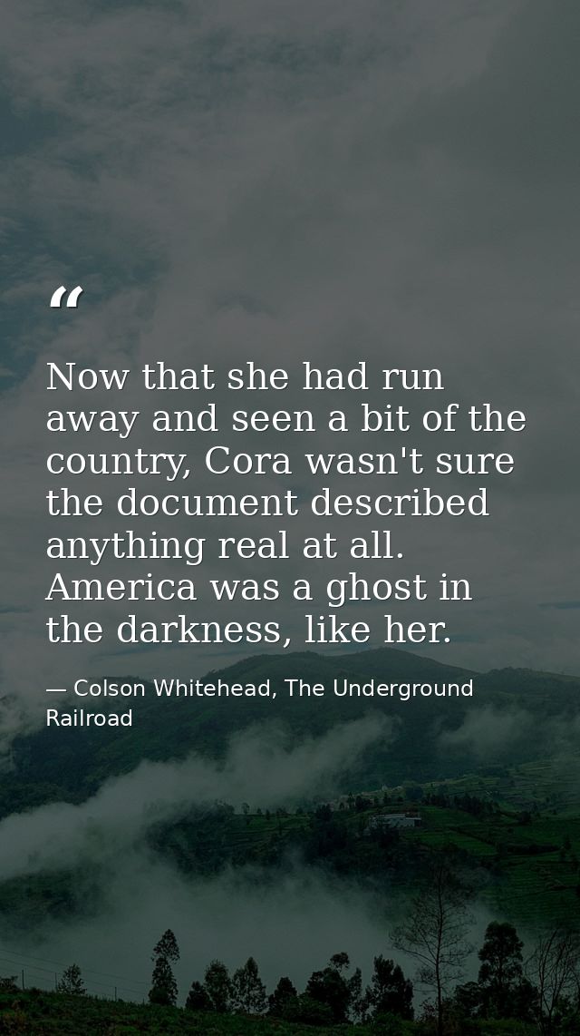 Now that she had run away and seen a bit of the country, Cora wasn't sure the document described anything real at all. A — Colson Whitehead, The Underground Railroad