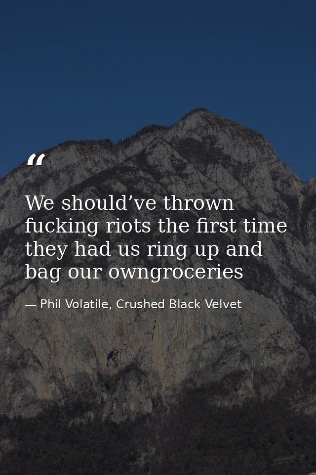 We should’ve thrown fucking riots the first time they had us ring up and bag our owngroceries — Phil Volatile, Crushed Black Velvet