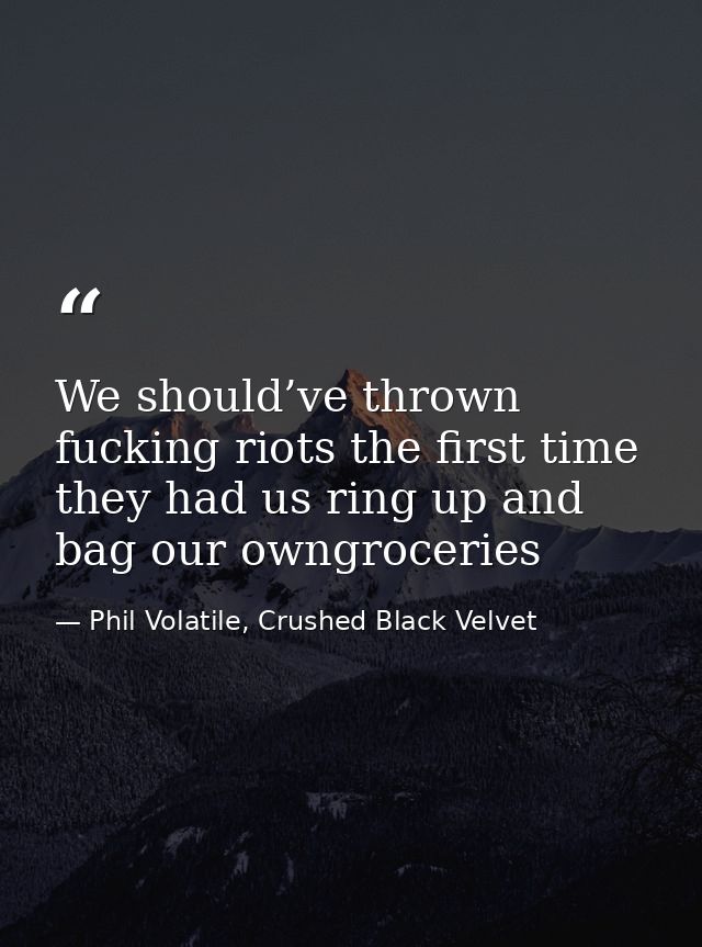 We should’ve thrown fucking riots the first time they had us ring up and bag our owngroceries — Phil Volatile, Crushed Black Velvet