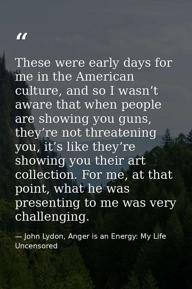 These were early days for me in the American culture, and so I wasn’t aware that when people are showing you guns, they’ — John Lydon, Anger is an Energy: My Life Uncensored
