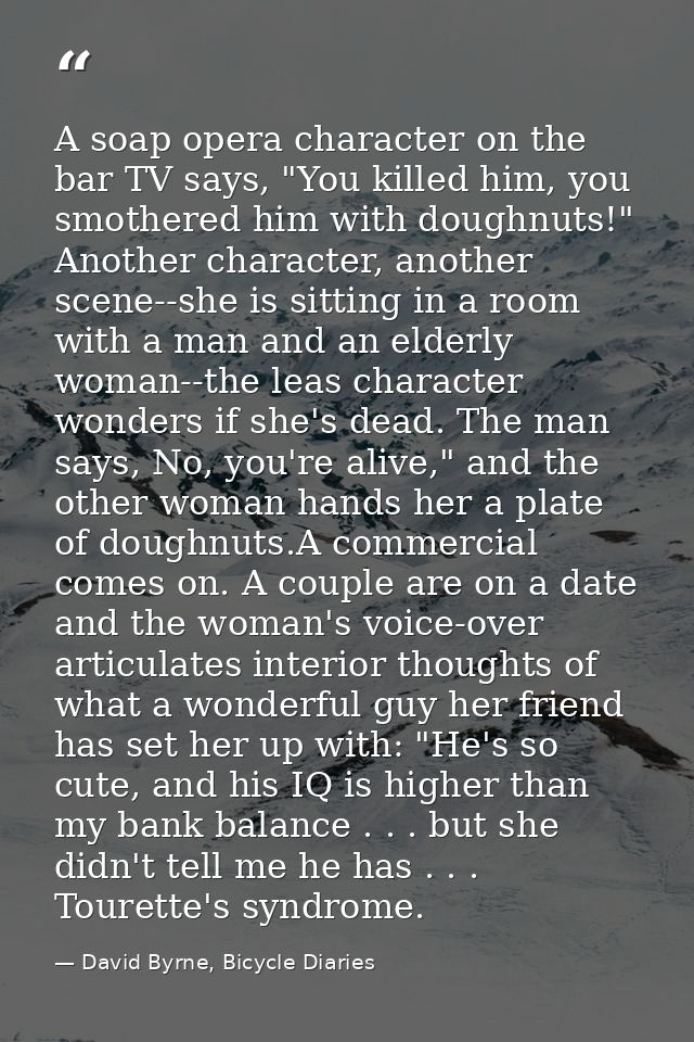 A soap opera character on the bar TV says, "You killed him, you smothered him with doughnuts!" Another character, anothe — David Byrne, Bicycle Diaries