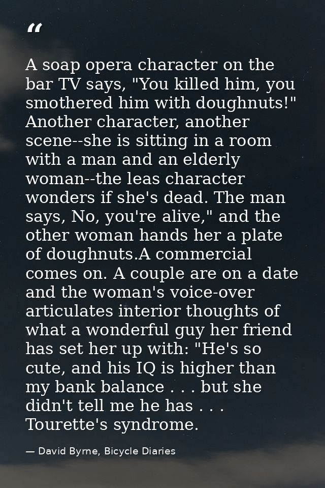 A soap opera character on the bar TV says, "You killed him, you smothered him with doughnuts!" Another character, anothe — David Byrne, Bicycle Diaries