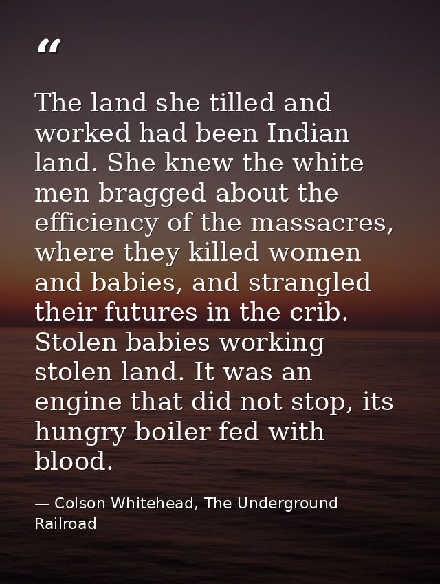 The land she tilled and worked had been Indian land. She knew the white men bragged about the efficiency of the massacre — Colson Whitehead, The Underground Railroad